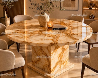 Round Marble Coffee Table with Pedestal Base, Luxury Gold Vein Stone Table, Modern Elegant Dining Room Luxury Cream Marble Living Table |