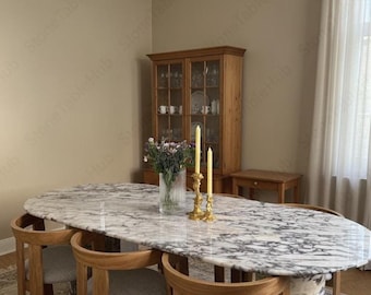 Oval Calacatta Viola Marble Dining Table with Solid Wood Chairs