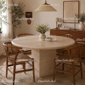 Round Travertine Pedestal Dining Table, Natural Stone Modern Furniture