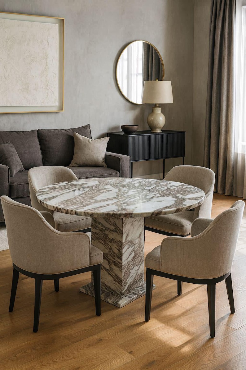 Op de afbeelding: Een moderne eethoek met een ronde tafel met marmeren blad, ondersteund door een patroonvoet, en vier gestoffeerde stoelen met donkere houten poten. De kamer omvat ook een bank, een bijzettafel en een ronde spiegel.