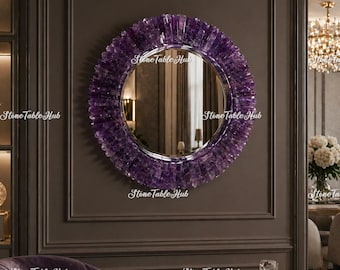 Espejo redondo de cristal de amatista, decoración de pared de lujo, interior moderno y glamuroso.