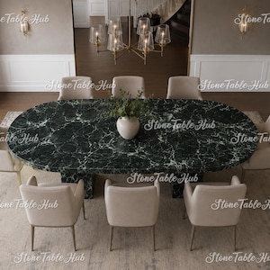 Oval Green Marble Dining Table, Modern Pedestal Base, Sculptural Stone Furniture