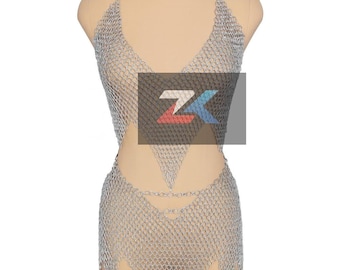 Chainmail Bikini Set, Aluminum Metal Mesh Halter And Skirt