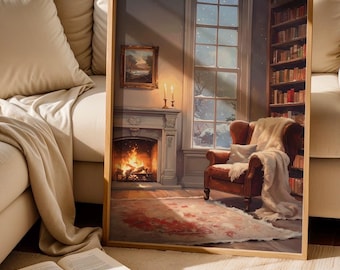 Art mural de cheminée d'hiver confortable, impression de coin lecture Cottagecore neutre, art mural imprimable