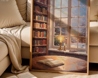 Cozy Winter Book Nook Wall Art Printable, Vintage Candle Window Scene, Neutral Book Lover Decor, Snowy Reading Room Art