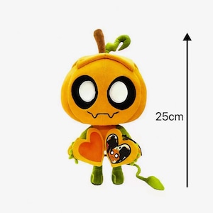 May include: A plush pumpkin toy, approximately 9.8 inches tall, with a smiling face, large black eyes, and a green stem. It holds a heart-shaped bag with a pumpkin face design. The toy is orange and green.