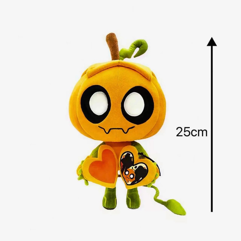 May include: A plush pumpkin toy, approximately 9.8 inches tall, with a smiling face, large black eyes, and a green stem. It holds a heart-shaped bag with a pumpkin face design. The toy is orange and green.