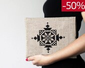 Geometric hand embroidered iPad 1 or 2 case, Black and Gray, tribal