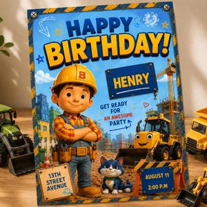 Pode incluir: Um convite de aniversário retangular com um trabalhador da construção civil em desenho animado com capacete amarelo, um gato e veículos de obra. O texto diz HAPPY BIRTHDAY, HENRY, GET READY FOR AN AWESOME PARTY, 13TH STREET AVENUE e AUGUST 11 2:00 P.M.