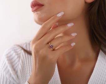 Anillo redondo de turmalina rosa, anillo de piedra natal de octubre, anillo de plata de ley 925 para mujer, joyería minimalista, anillos para mujer, joyería de piedra natal.