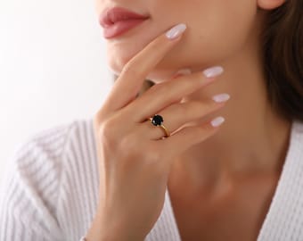 Anillo redondo de ónix negro, anillos hechos a mano, joyería con piedra natal, anillos para mujer, anillos de plata 925 para mujer, joyería minimalista, anillos de compromiso