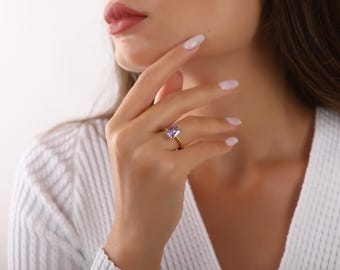 Anillo radiante de alejandrita, anillo de piedra natal de junio, anillos para mujer, joyería de piedra natal, anillos de plata de ley 925 para mujer, joyería minimalista