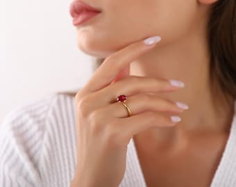 Anillo redondo de rubí, anillo de piedra natal de julio, anillos para mujer, joyería de piedra natal, anillo de plata 925 para mujer, joyería minimalista, regalos para mujer