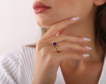Anillo redondo de amatista, anillo de piedra natal de febrero, joyería de piedra natal, anillos de plata de ley 925 para mujer, joyería minimalista, anillos para mujer