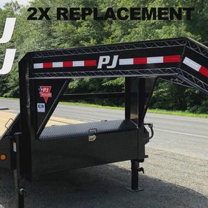 May include: Black PJ trailer with a wooden deck. The trailer has red and white reflective tape along the top edge and the text "PJ" in white. The words "2X REPLACEMENT" are also visible.