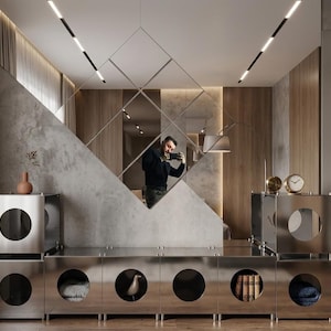 Op de afbeelding: Modern interieur met roestvrijstalen opbergmeubels. De units hebben ronde openingen en bevatten items zoals een vogelbeeldje en boeken. De ruimte omvat een betonnen trap, houten panelen en een grote spiegel.