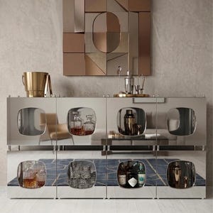 Modern Mirrored Sideboard Cabinet – Geometric Bar Storage Unit