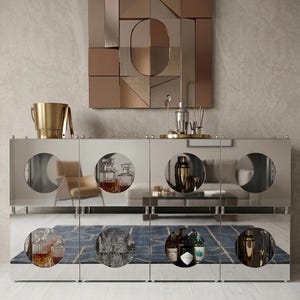 Modern Mirrored Sideboard Cabinet – Geometric Bar Storage Unit