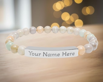 Pulsera de barra grabada: joyería elástica de acero inoxidable con nombre personalizado y piedra natural