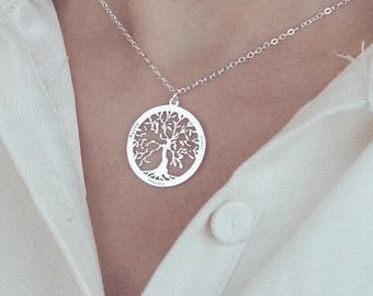 Collar con nombre personalizado Árbol de la Vida, joyería conmemorativa de plata esterlina, colgante con placa de nombre personalizada, regalo para la familia, para uso diario, caja de regalo