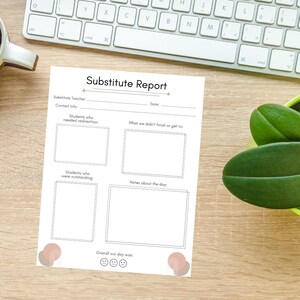 May include: A printable substitute teacher report form with sections for student redirection, outstanding students, notes about the day, and an overall day rating. The form has a simple design with a light brown background and black text.