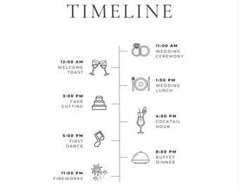 May include: A minimalist wedding timeline design in black and white. The text "WEDDING TIMELINE" is at the top, with event times and illustrations below, including a welcome toast, cake cutting, first dance, and fireworks. The names "Mariana + Oliver" are at the bottom.