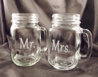 Etched Personalized Mason Jar Mugs - Mr and Mrs - His and Hers - Bride and Groom Glasses - Anniversary Gift