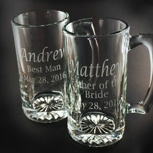 Set of 2 Personalized Custom Etched Glass MEGA Beer Mugs - Wedding Party - Groomsman Gift - Personalized Gift
