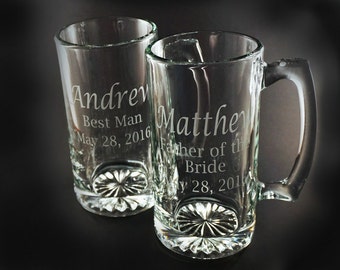 Set of 2 Personalized Custom Etched Glass MEGA Beer Mugs - Wedding Party - Groomsman Gift - Personalized Gift