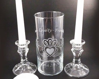 Unity SET, Wedding Unity Candle Set - Irish Claddagh Design  **Taper Candles and Candle Holders Optional**