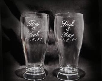 Custom Etched Personalized Pilsner Beer Glasses - Set of 2 - Gift for the Couple - Wedding Glasses - Personalized Drinkware - Pilsner Glass