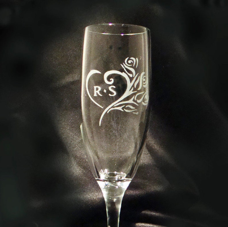 Etched Personalized Champagne Flutes Wedding Toasting Flutes Sweetheart Roses Toasting Flutes image 3