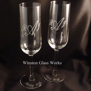 Monogrammed Etched Champagne Glasses - Toasting Flutes - Set of 2 - Wedding Glasses - Anniversary Gift - Bride and Groom Toasting Glasses