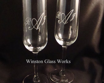 Monogrammed Etched Champagne Glasses - Toasting Flutes - Set of 2 - Wedding Glasses - Anniversary Gift - Bride and Groom Toasting Glasses