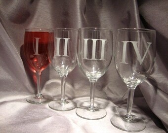 Custom Etched Wine Glasses - Set of 4 - Roman Numeral Wine Glasses - Wine Gift - Anniversary Gift - Gift for the Couple