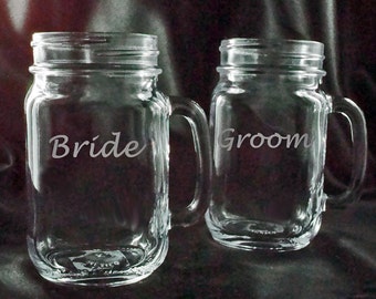 Personalized Bride and Groom Glasses - Mason Jar Mugs - Redneck Wine Glass - Etched Mugs - Gift for the Couple - Personalized glassware