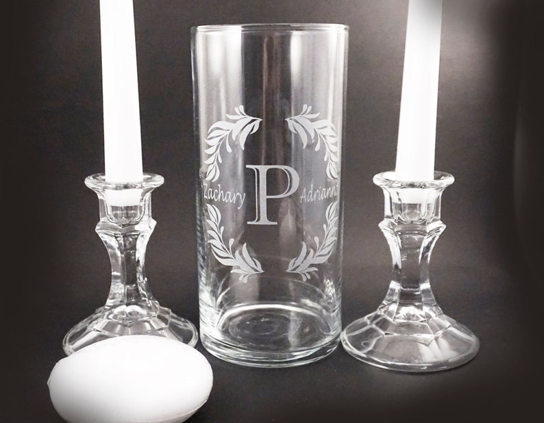 Laurel Framed Monogrammed Unity Candle Vase Set with Floating Candle. Taper Candles and Candle Holders Optional image 4