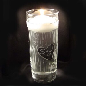 Etched Custom Wedding Unity Candle Vase - Rustic Birch Bark Glass Candle Vase w/ Floating Candle - Wedding Unity Candle Ceremony