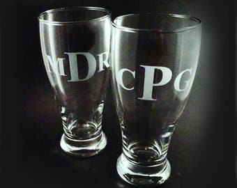 Personalized Monogrammed Pilsner Glasses, Set of 2 - Etched Beer Glass - Etched Pilsner - Monogrammed Glass - Groomsman Gift - Best Man Gift