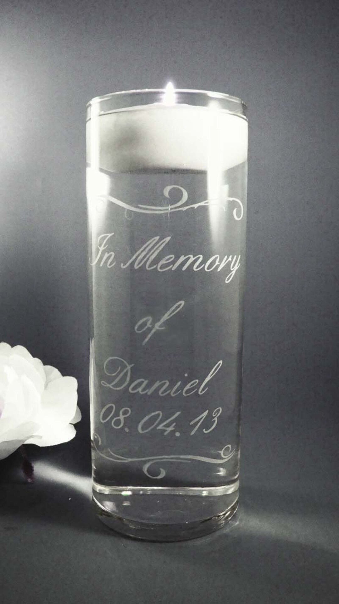Custom Etched Memorial Candle Vase W/ Floating Candle Wedding Memorial