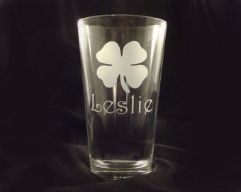 Etched Beer Glasses - Irish Pint Glasses - Set of 2 - Shamrock Glasses - Personalized Beer Glass - Custom Pint Glassware