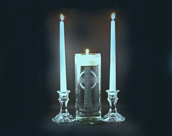 Celtic Cross Personalized Candle Vase With Floating Candle Set.  **Taper Candles and Candle Holders Optional**