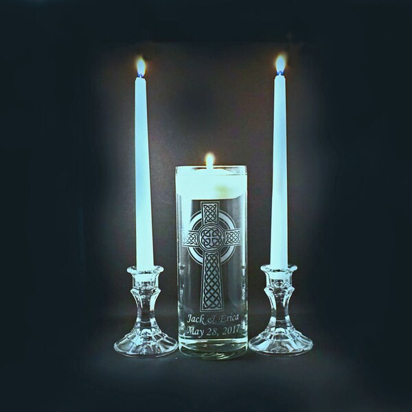 Celtic Cross Personalized Candle Vase With Floating Candle Set.  **Taper Candles and Candle Holders Optional**