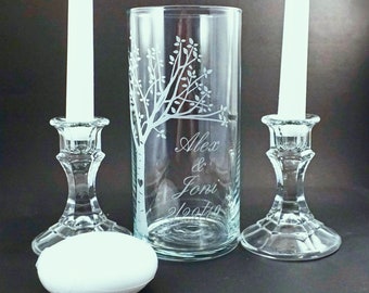 Wedding Unity Candle Vase with Bride and Groom's Names and Wedding Date.   **Taper Candles &  Holders Optional*