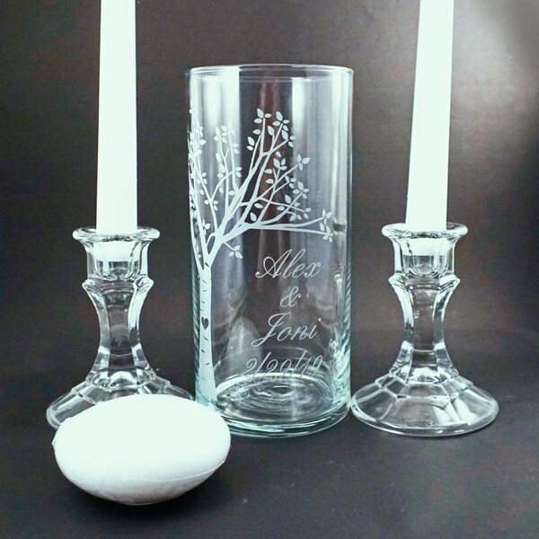 Wedding Unity Candle Vase with Bride and Groom's Names and Wedding Date.   **Taper Candles &  Holders Optional*