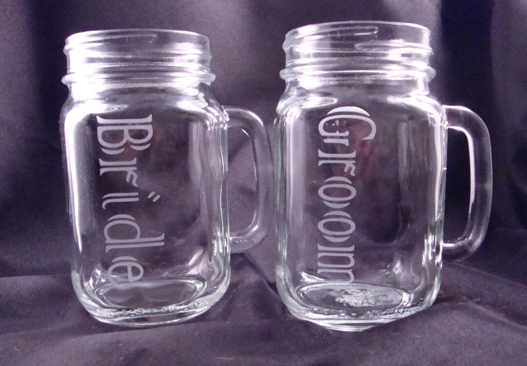 Personalized Etched Mason Jar Mugs Bride and Groom Gift Wedding