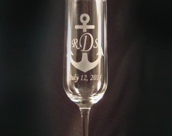 Personalized Custom Champagne Toasting Flutes - Nautical Wedding Glasses - Anchor Monogram - Beach Wedding Glasses - Personalized Flutes