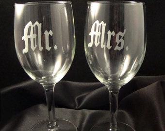 Custom Etched Wine Glasses - Bride and Groom Wine Glasses - Perfect for Wedding or Anniversary
