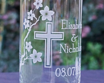 Custom Personalized Wedding Unity Candle - Cherry Blossoms and Cross- Wedding Unity Vase Personalized with Floating Candle