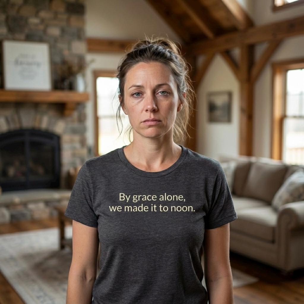 By Grace Alone, We Made It To Noon T-Shirt | Funny Christian Mom Tee